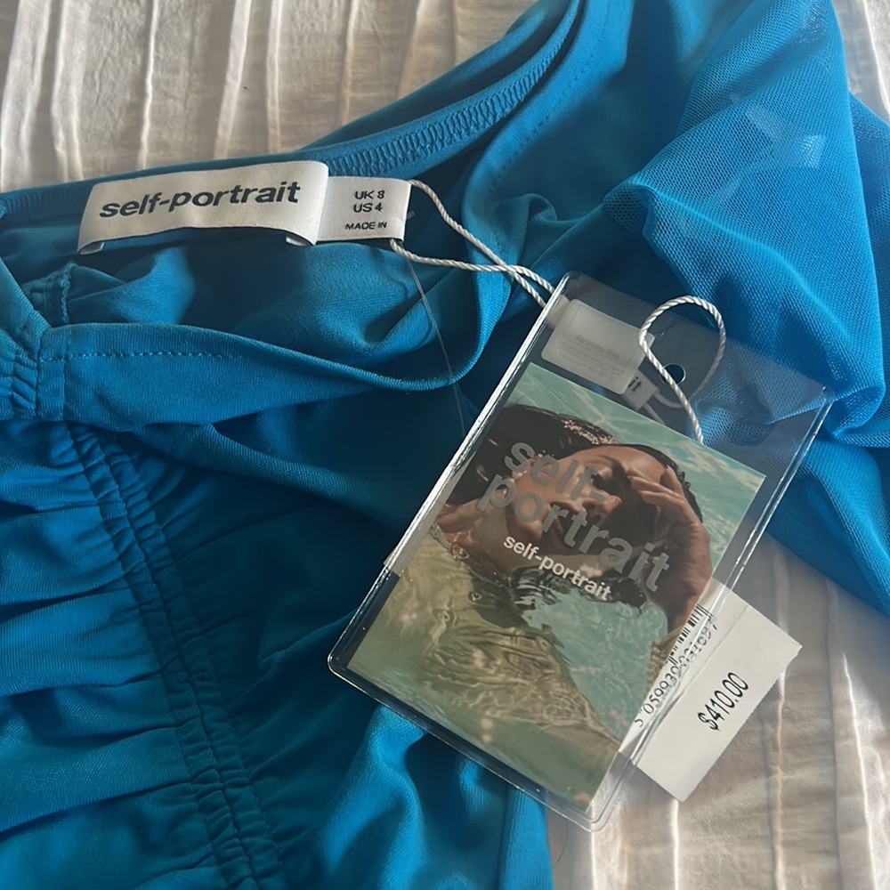 Self-Portrait One-Shoulder Ruched Blue Mini Dress size 4 - Picture 3 of 5